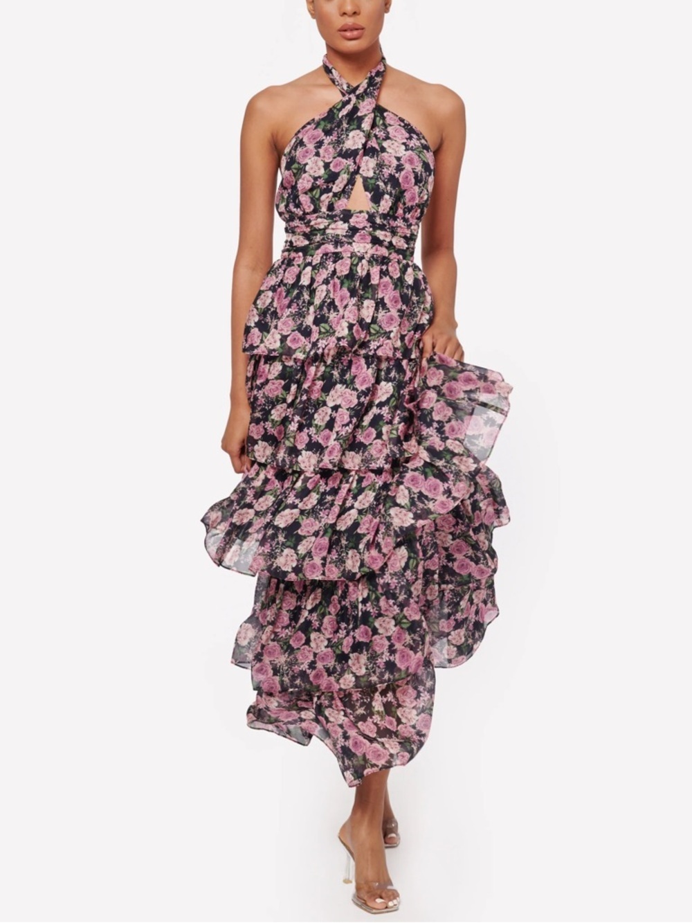 Cami NYC Evina Dress in Mulberry Rose Silk Tiered Floral Twist Halter Top Formal